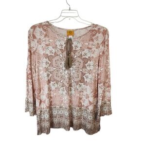 Ruby Rd Women's XL 3/4 Sleeve‎ Knit Top Holiday Rose Print Tassel Blouse